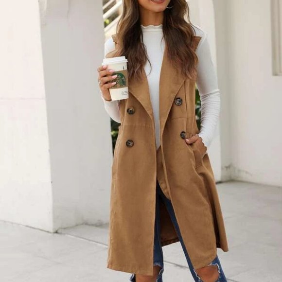 MODA ME COUTURE Jackets & Blazers - Double Breasted Pocket Side Vest Coat - Camel